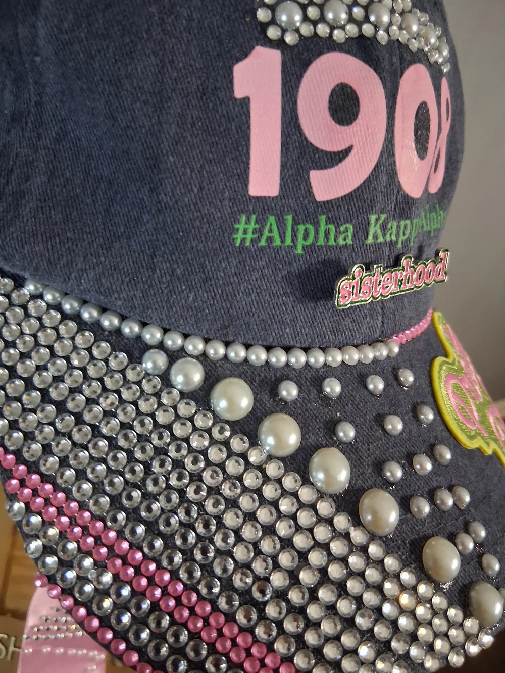 AKA Hand Crafted Navy Alpha Kappa Alpha 1908 Rhinestone Pearl Cap